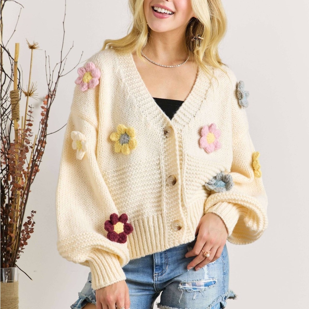 ADORA Cream Cardigan with Multicolor Floral Accents